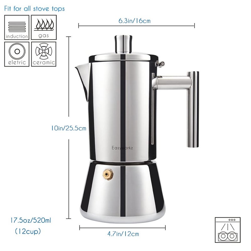 Easyworkz Diego Stovetop Espresso Maker Stainless Steel Italian Coffee Machine Maker 12Cup 17.5 oz Induction Moka Pot - Image 2